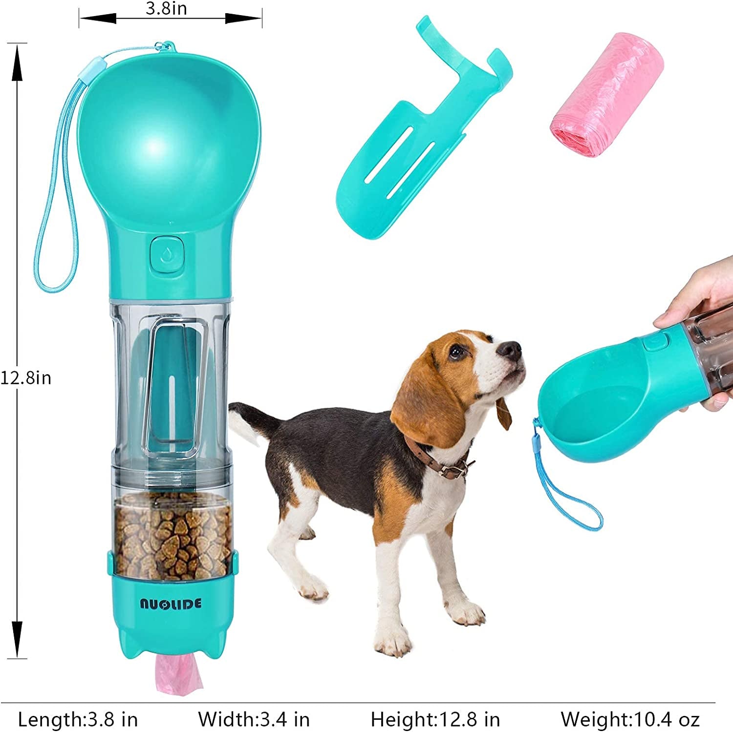 Dog Water Bottles for Walking, 4 in 1 Portable Pet Water Bottle Dispenser Leakproof Dog Travel Water Bottle with Food Container & Waste Bag, Dog Accessories for Outdoor Hiking,19Oz(Lake-Blue)