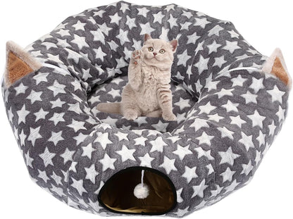 Large Cat Tunnel Bed with Plush Cover,Fluffy Toy Balls, Small Cushion and Flexible Design- 10 Inch Diameter, 3 Ft Length- Great for Cats, and Small Dogs, Gray Star Pattern