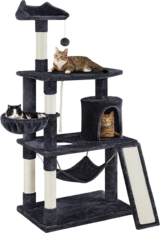 63.5In Multi-Level Cat Tree Tower Condo with Scratching Posts, Platform & Hammock, Cat Activity Center Play Furniture for Kittens, Cats & Pets