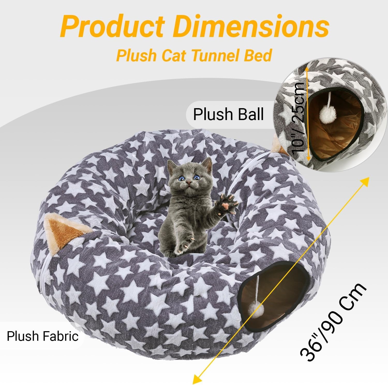 Large Cat Tunnel Bed with Plush Cover,Fluffy Toy Balls, Small Cushion and Flexible Design- 10 Inch Diameter, 3 Ft Length- Great for Cats, and Small Dogs, Gray Star Pattern