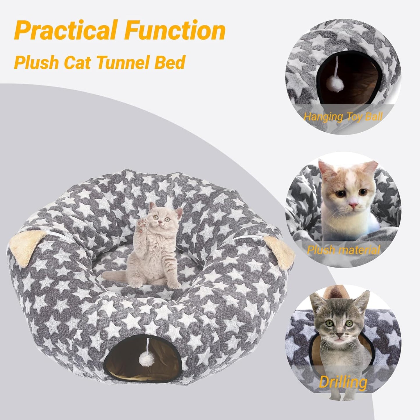 Large Cat Tunnel Bed with Plush Cover,Fluffy Toy Balls, Small Cushion and Flexible Design- 10 Inch Diameter, 3 Ft Length- Great for Cats, and Small Dogs, Gray Star Pattern