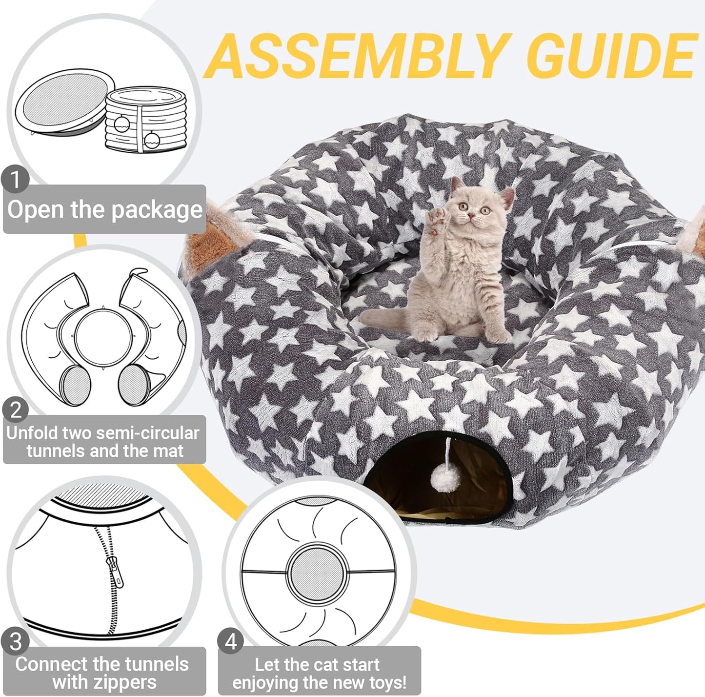 Large Cat Tunnel Bed with Plush Cover,Fluffy Toy Balls, Small Cushion and Flexible Design- 10 Inch Diameter, 3 Ft Length- Great for Cats, and Small Dogs, Gray Star Pattern